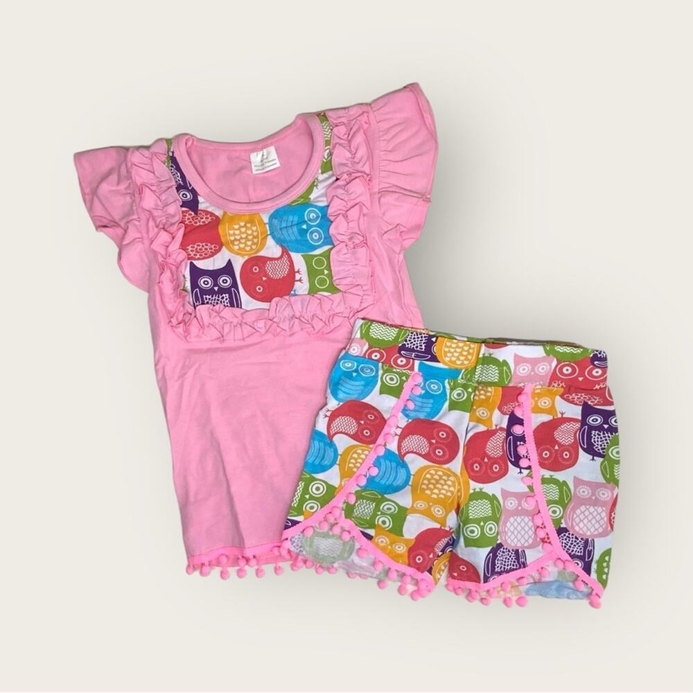 NWOT | Unbranded | 2 pc Short Set Pom Pom Trim Ruffle | Pink Owls | Girls XL